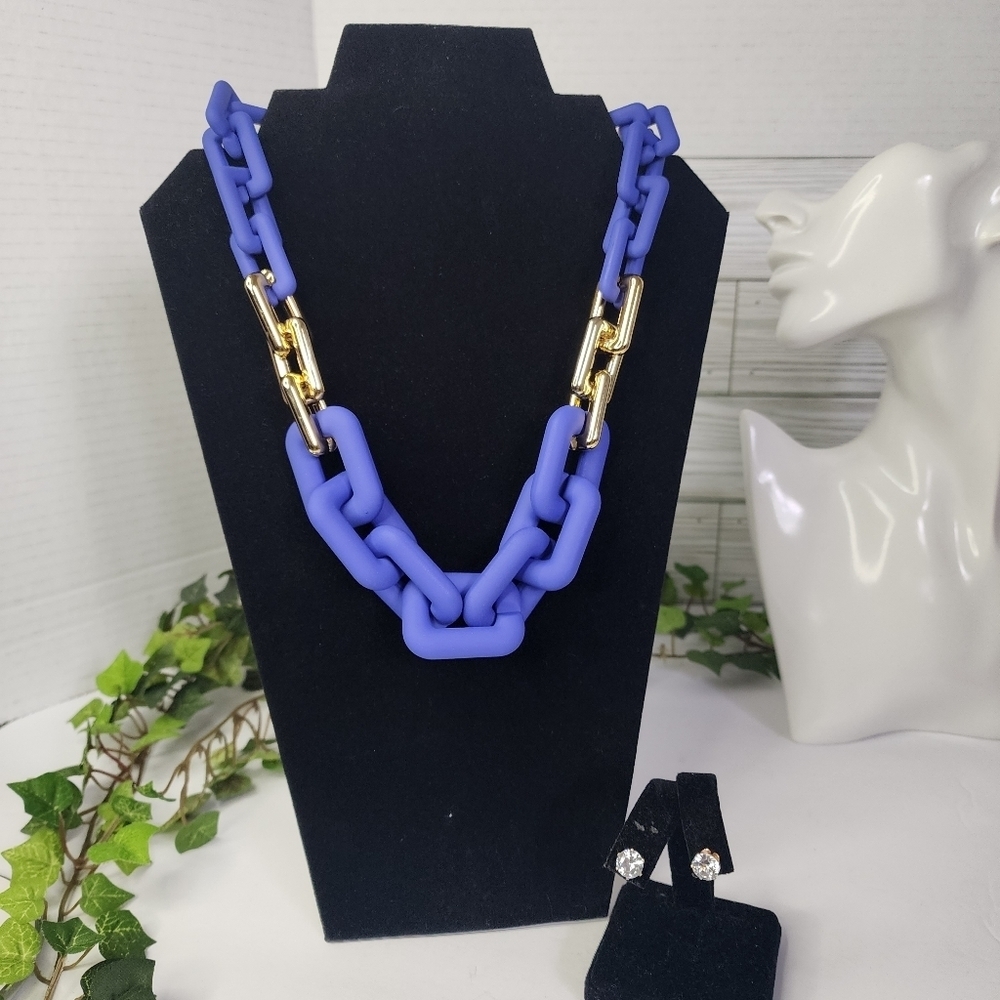 Acrylic Purple and Gold Rectangular Chain Link Necklace Set